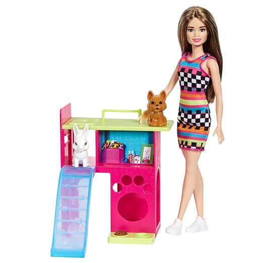 Barbie® Playset with Pet Playhouse, Doll (Brunette, Petite), Puppy and Bunny Pets, Toy for 3 Year Olds & Up