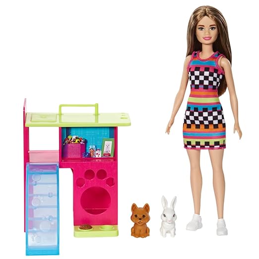 Barbie® Playset with Pet Playhouse, Doll (Brunette, Petite), Puppy and Bunny Pets, Toy for 3 Year Olds & Up