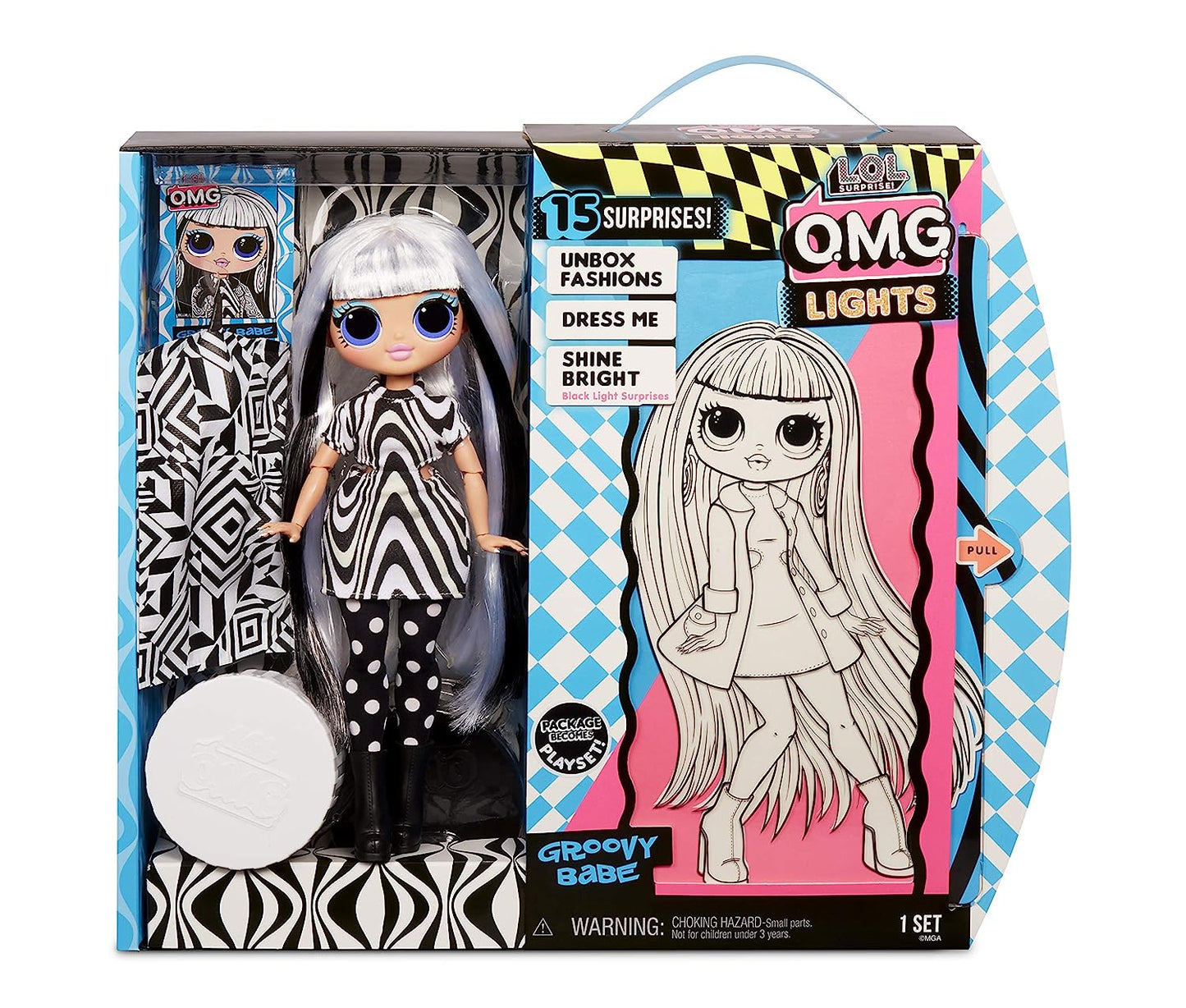 LOL Surprise OMG Lights Groovy Babe Fashion Doll with 15 Surprises Accessories Set | Includes Fashion Doll and Magic Black Light Surprises| Great Gift for Girls
