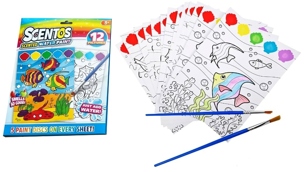 Scentos Magic Painting Pictures 12 Sheet by Fratelliu | 12 Activity Pages and 5 Deliciously Fruity-Scented Paint Discs That Come Alive When The Water Dipped Brush Touches Them(PACK OF 12)