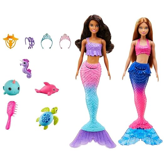 Barbie® Mermaid Set with 2 Brunette Dolls (12-in/30.40-cm), Colorful Mermaid Clothes, 4 Sea Pet Toys, 2 Tiaras, Headband, Necklace & Brush, Toy Gift for Ages 3 Years Old & Up