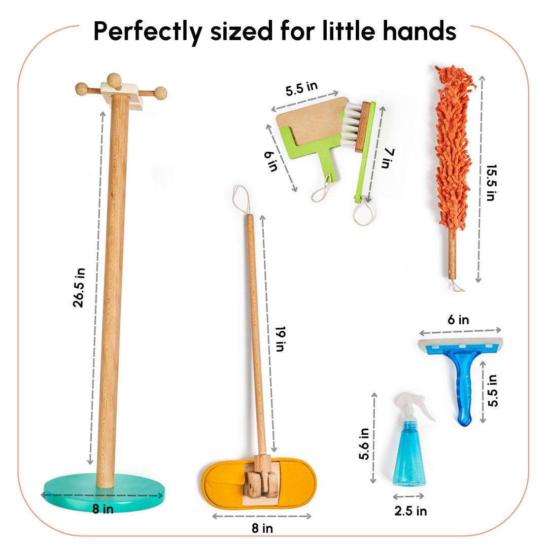 Curious Cub Wooden Kids Cleaning Set | Montessori Toys for 1+ Year Old | 7 Piece Pretend Play Toys for Girls | Broom Set for Kids with Mop,Wiper,Duster,Dustpan &Stand | Pretend Play Toys for Boys