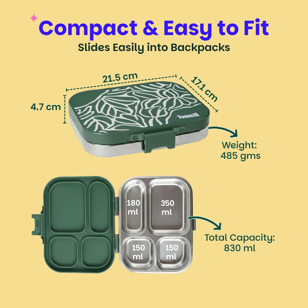 Basil Bento Box Quad – 4 Compartment Stainless Steel Lunch Box, 830 ml | Emerald Moss
