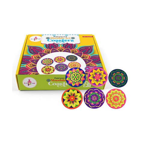 Kalakaram Paint Your Own Mandala Art Coasters, Pack of 6 Coasters, Pre-Etched Design Mandala Coaster Painting Kit, DIY Painting Craft Kit for Kids and Adults, All in One Painting Set