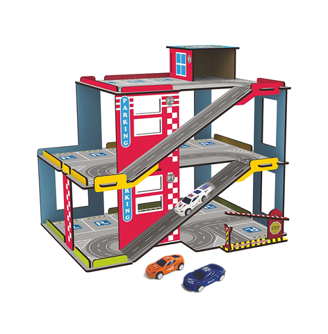 Webby Multilevel Parking Garage Playset with 3 Pullback Metal Cars, Parking Gate, Sign Boards and Helicopter for Boys and Girls