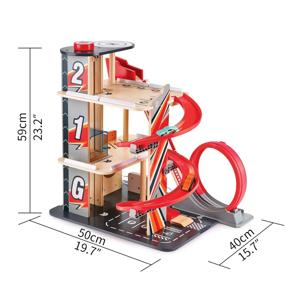 Hape Wooden Gearhead Stunt Garage Car Track Set with Loop Track, Ramps & Lift | Kids Racing Toy