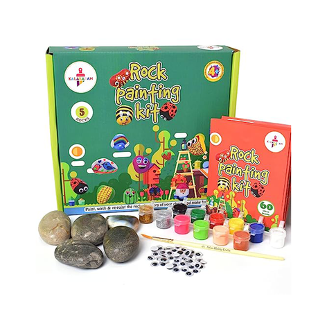 Kalakaram Kids Rock Painting Kit, with Re-usable Rock, Ultimate All in One Rock Art Kit, DIY Painting Set with Washable Paint and Stones Kids Painting Craft Kit, with Googly Eyes and 5 Rocks
