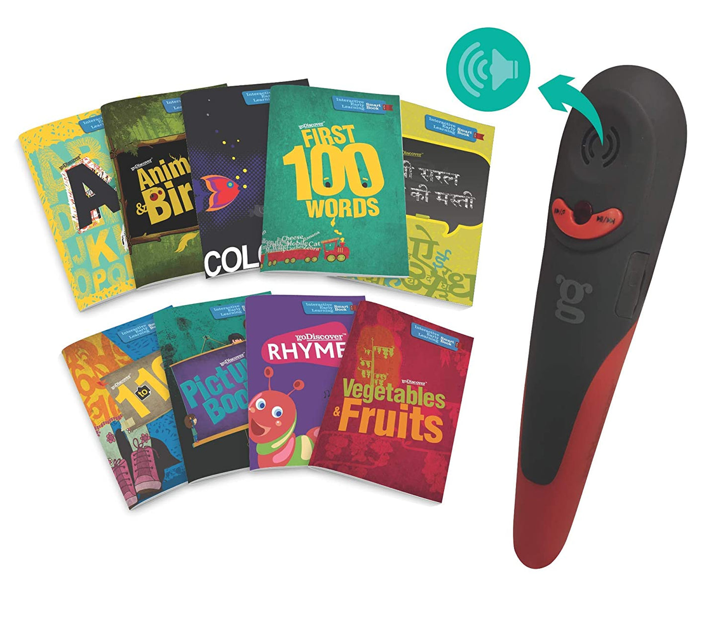 goDiscover Interactive Early Learning Smart Book | Talking Pen for Kids | 9 Books (Alphabets, Colors, Animals/Birds, First 100 Words, Counting, Hindi, Rhymes, Vegetables/Fruits),color Multi