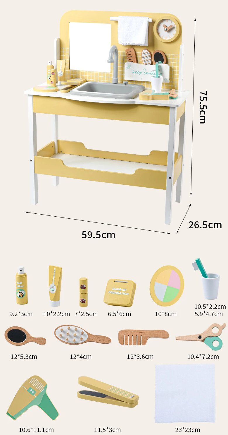 Wooden Kids Wash Basin & Grooming Station Play Set | Pretend Bathroom Sink with Accessories
