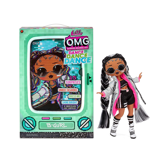 L.O.L. Surprise! OMG Dance Dance Dance B-Gurl Fashion Doll with 15 Surprises Including Magic Black Light, Shoes, Hair Brush, Doll Stand and TV Package