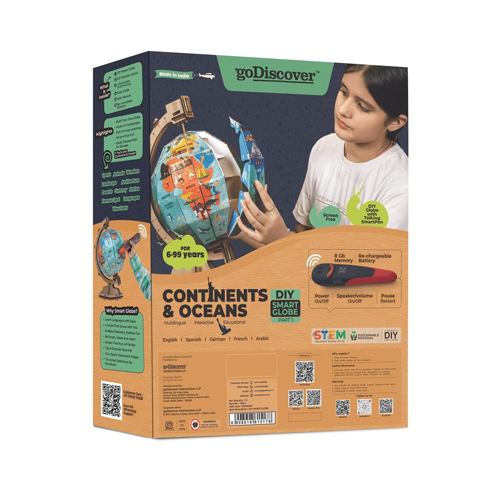 goDiscover Interactive Globe with Smart Talking Pen | DIY Talking Globe of Continents and Oceans in English, Spanish, French, German, and Arabic | Fun Educational Toy for Kids, Geography Learning
