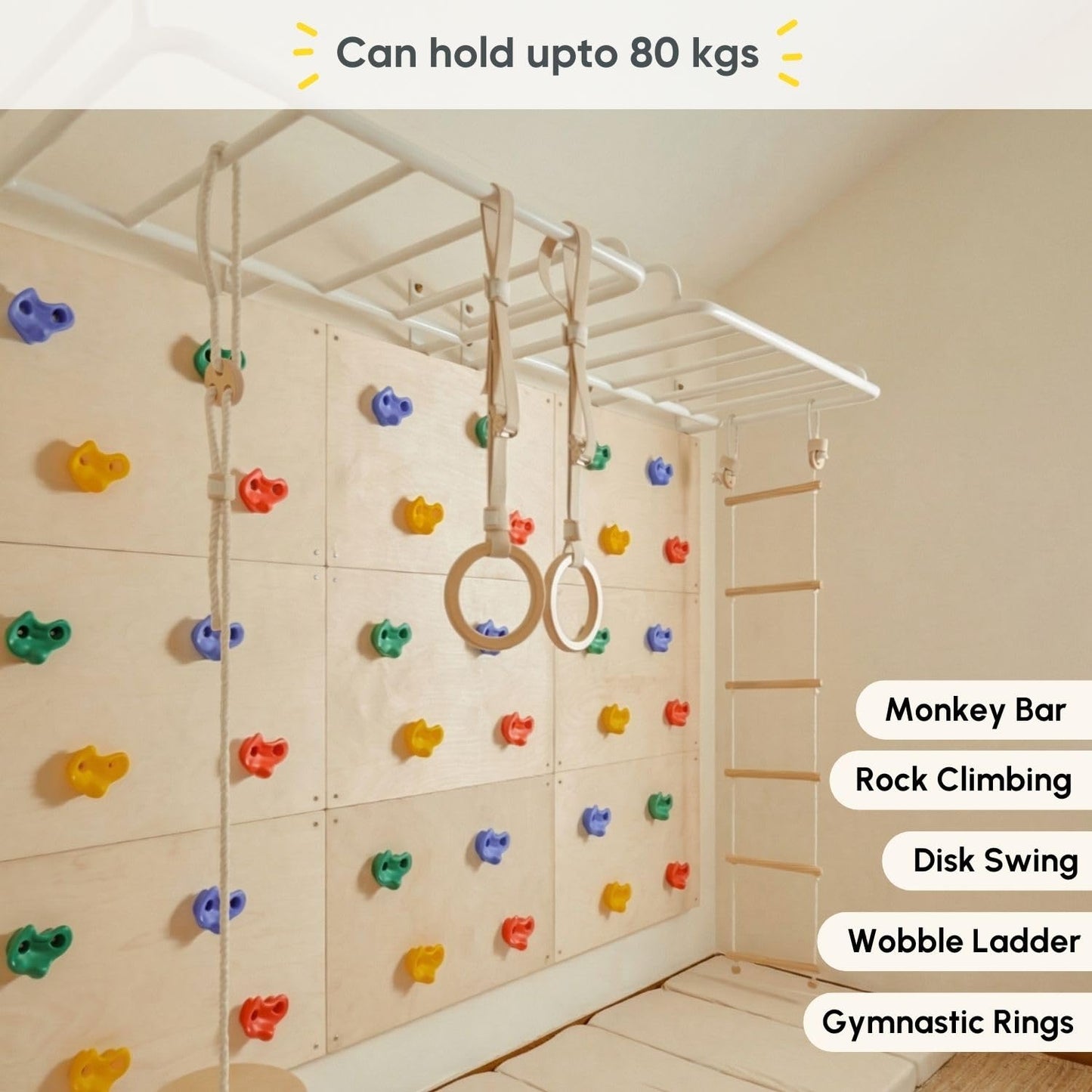 Curious Cub Jungle Gym for Kids Indoor | Kids Gym Play Set | Contains Monkey Bar, Gymnastics Ring, Disk Swing, Rope Ladder for Kid to Play Indoor Fun Activity for Ages 4+ (UL1- 7 FEET)