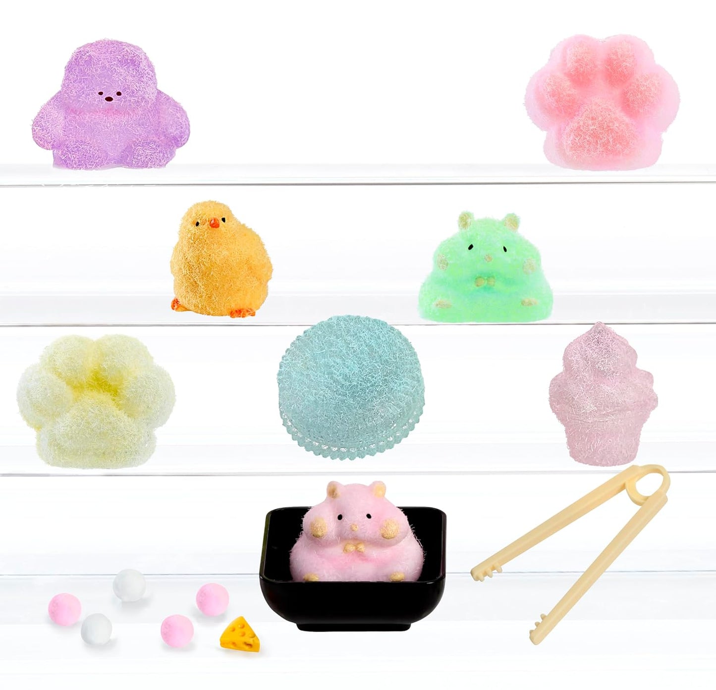Tataba Squishy Collectable Toys - Blind Packaging with Flocking Powder for Crafts, Includes Take-Away Container Style Packaging and Accessories, 18 Collectable Items, for Ages 3+