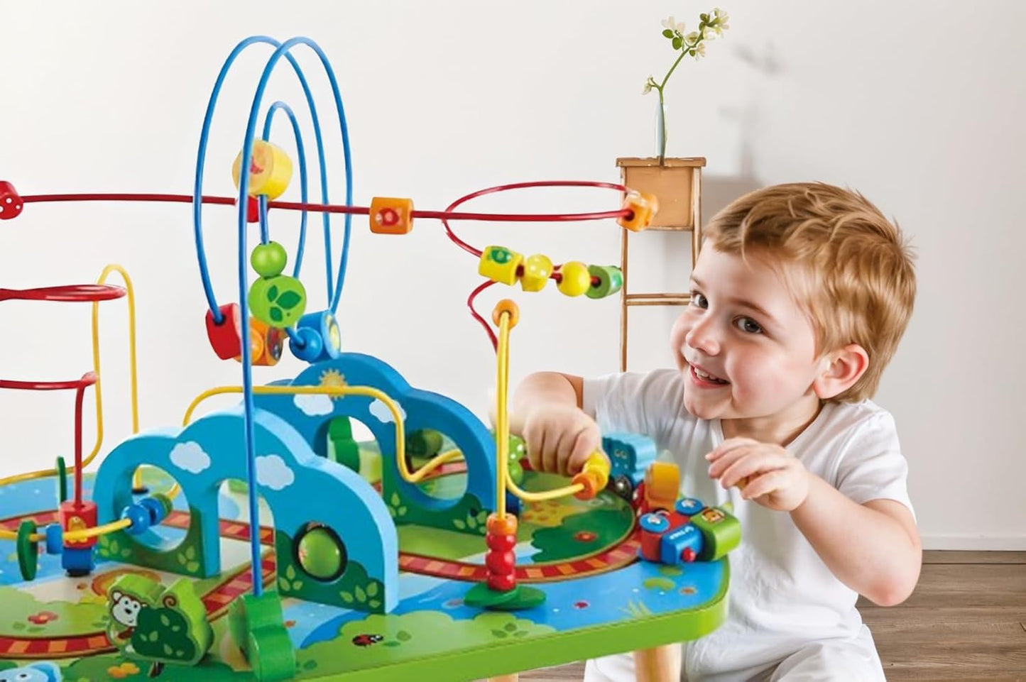 Hape E3824 Jungle Adventure Kids Toddler Wooden Bead Maze & Railway Train Track Play Table Toy for Ages 18 Months