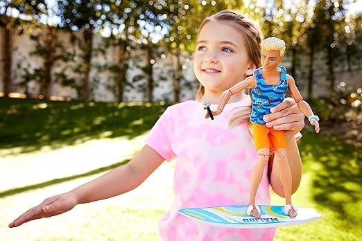 Bar'bie Ken Doll with Surfboard and Pet Puppy, Poseable Blonde Ken Beach Doll with Themed Accessories Like Towel (HPT50)