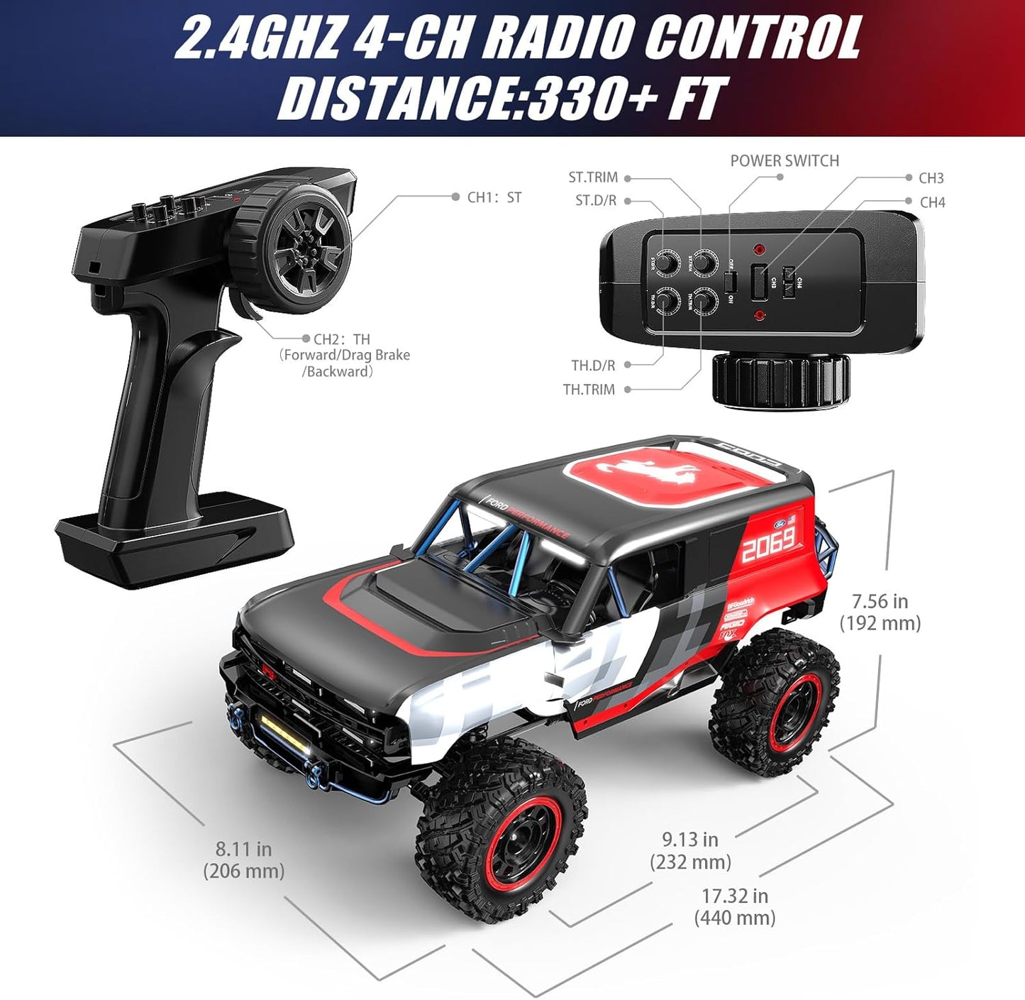 MJX H12P 1/12 Ford Bronco R Brushless RC Crawlers for Adults, Waterproof 4X4 Off-Road RC Rock Trucks with Portal Axles, Hard Case Licensed Remote Control Truck, RTR All Terrain RC Cars with 2 Battery