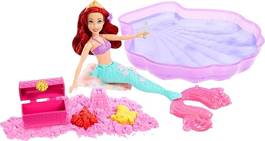 Mattel Disney Princess Ariel Mermaid Doll Playset & Pool Set with Moldable Sand, 3 Sand Molds, Beach Towel & 5 Accessories, Inspired by The Little Mermaid,Doll