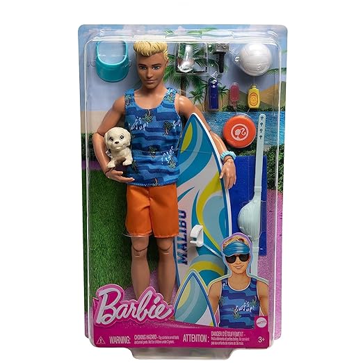 Bar'bie Ken Doll with Surfboard and Pet Puppy, Poseable Blonde Ken Beach Doll with Themed Accessories Like Towel (HPT50)