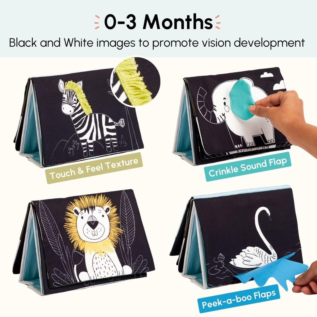 Curious Cub Baby Tummy Time High Contrast Books and Mirror | Books for 3 Month Old Baby | Touch & Feel Book for 1 Year Old | Tummy Time Toys |Sensory Toys | Cloth Book | New Born Gifts