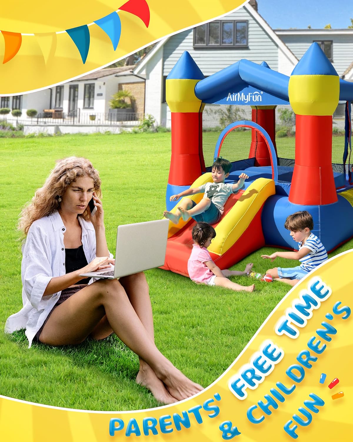 Kids Bounce House Inflatable Castle with Slide, Safe Netting & Quick Setup Air Blower