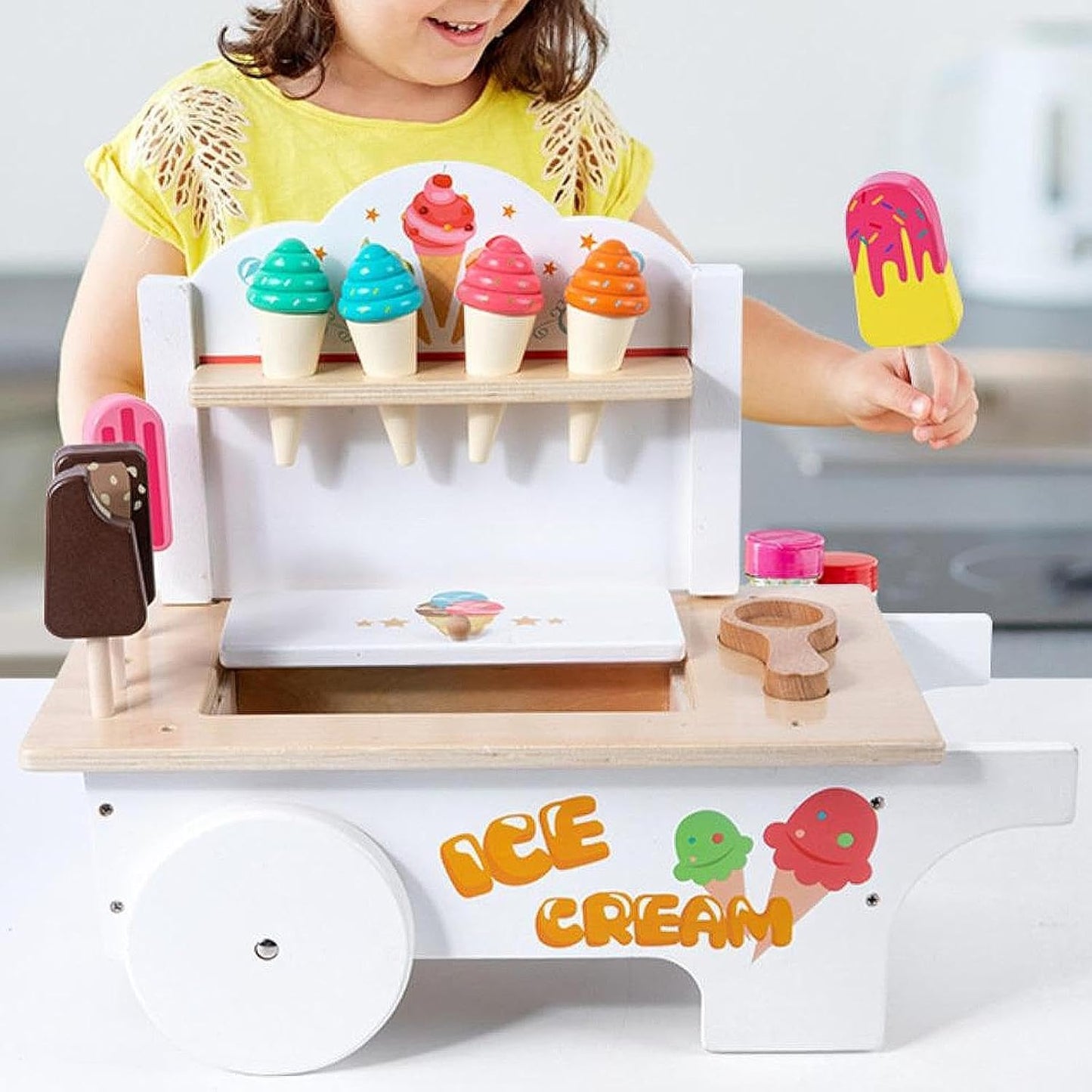 Wooden Ice Cream Cart Toy for Kids with Popsicles & Accessories – Pretend Play & Role Play Activity Toy