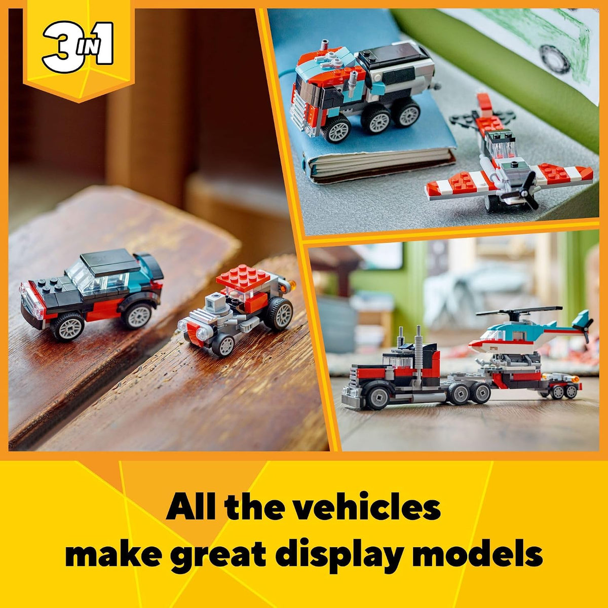 LEGO Creator 31146 Flatbed Truck with Helicopter 3-in-1 Vehicle Building Set, 270 Pieces, 7+