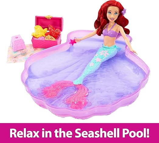 Mattel Disney Princess Ariel Mermaid Doll Playset & Pool Set with Moldable Sand, 3 Sand Molds, Beach Towel & 5 Accessories, Inspired by The Little Mermaid,Doll