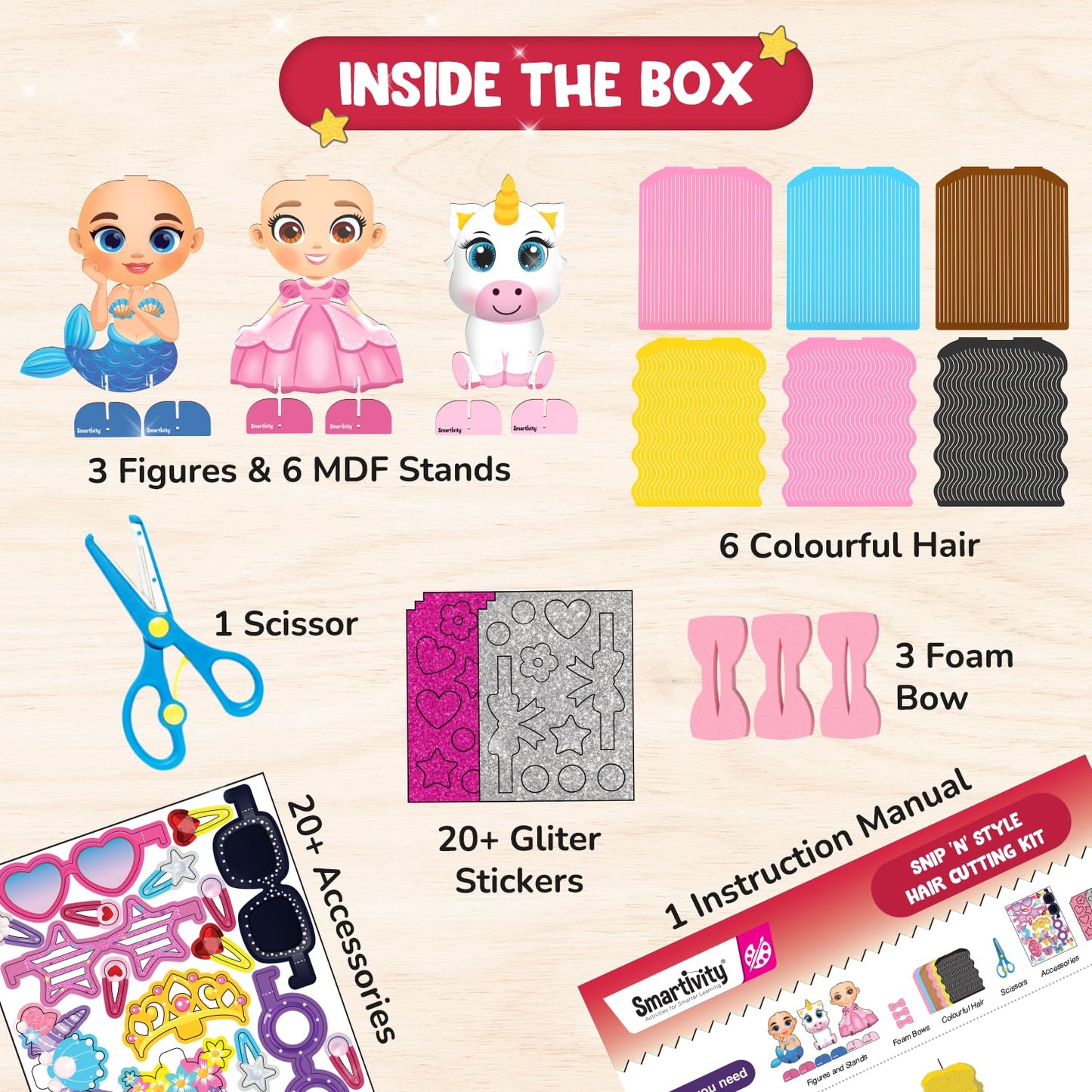 Smartivity Snip ‘N’ Style Hair Styling Craft Kit for Kids | DIY Scissor Skills & Creativity Activity Set | Includes Princess, Mermaid & Unicorn...(PACK OF 6)