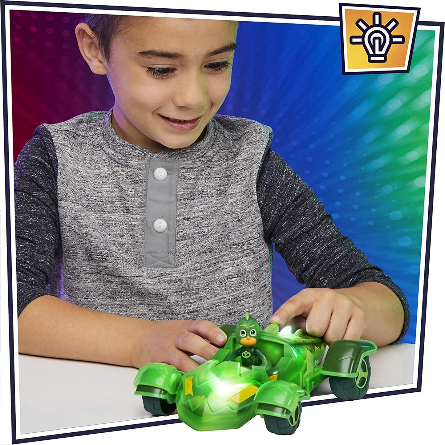 PJ Masks Glow & Go Gekko-Mobile Preschool Toy Vehicle, Gekko Car Light-Up Racer with Gekko Action Figure for Kids Ages 3 and Up