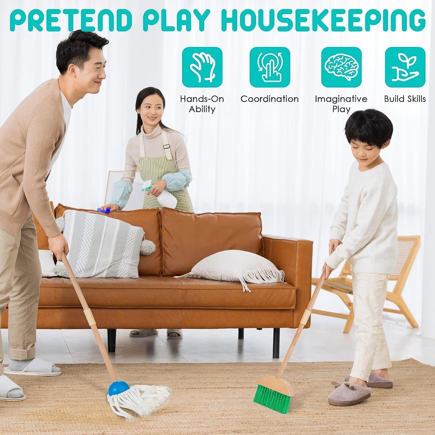 Wooden Montessori 6 Piece Cleaning Pretend and Play Mopping Toy