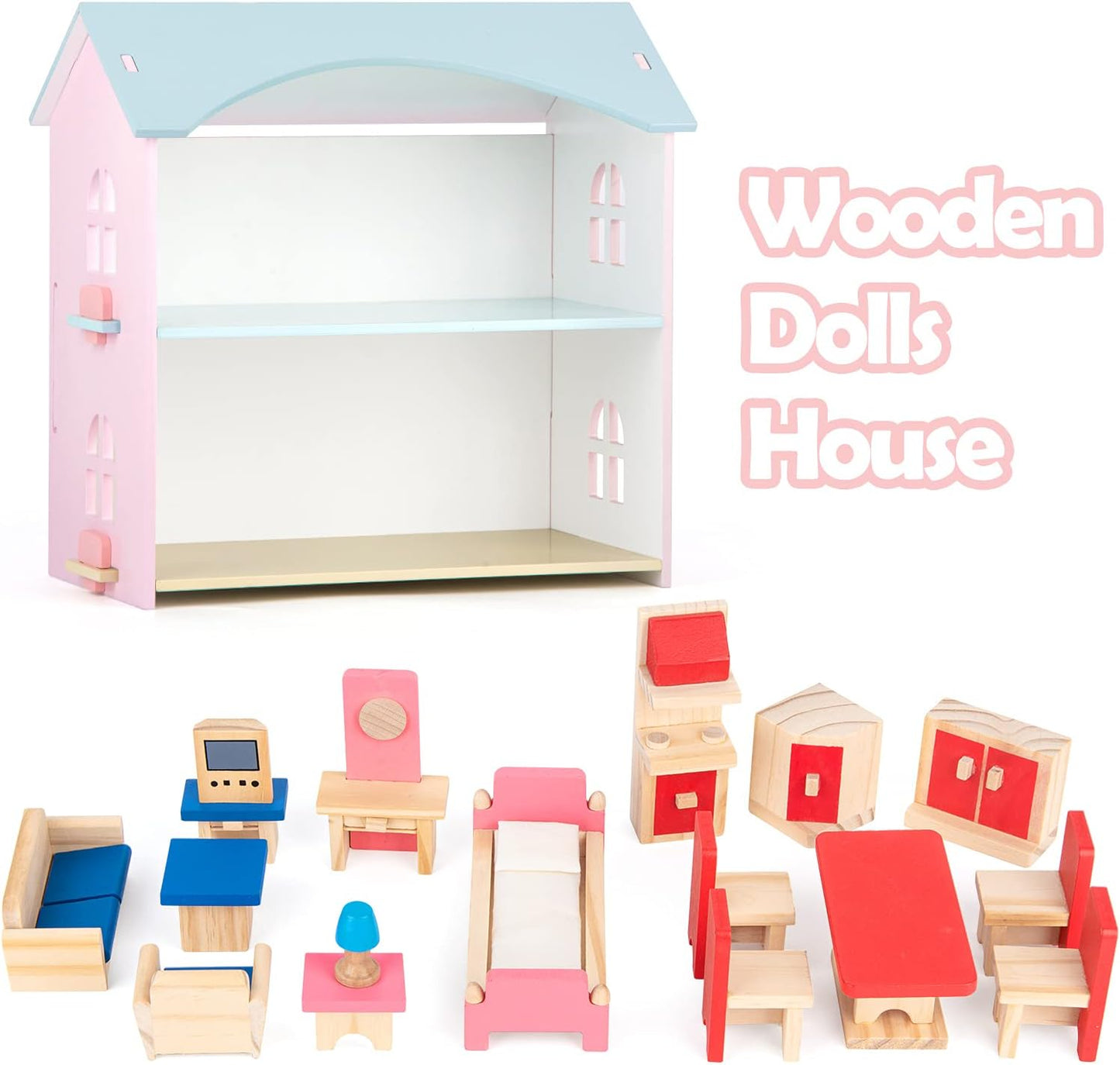 Classic Wooden Doll House Toy Set with Mini Furniture – Double Storey Kids Dollhouse for Imaginative Role Play