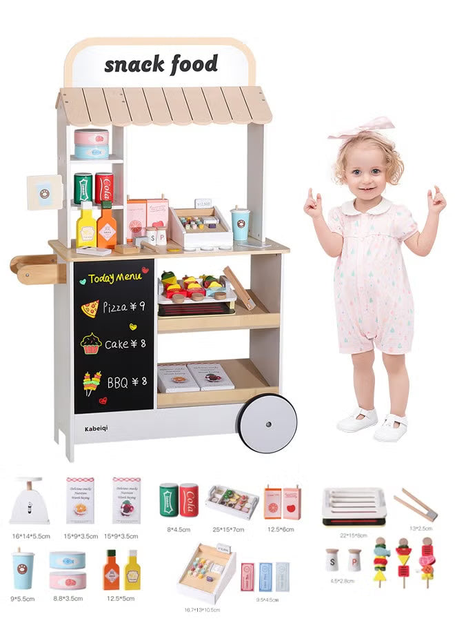 Premium Wooden Kids Ice Cream Cart Playset with Wheels, Canopy & Pretend Dessert Accessories