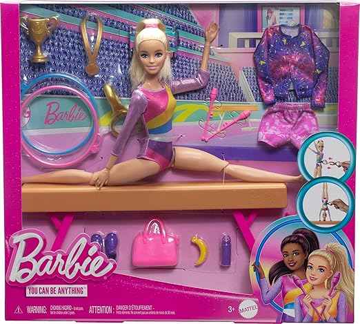 Barbie Gymnastics Doll & Accessories, Playset with Blonde Fashion Doll, C-Clip for Flipping Action, Balance Beam, Warm-Up Suit & More