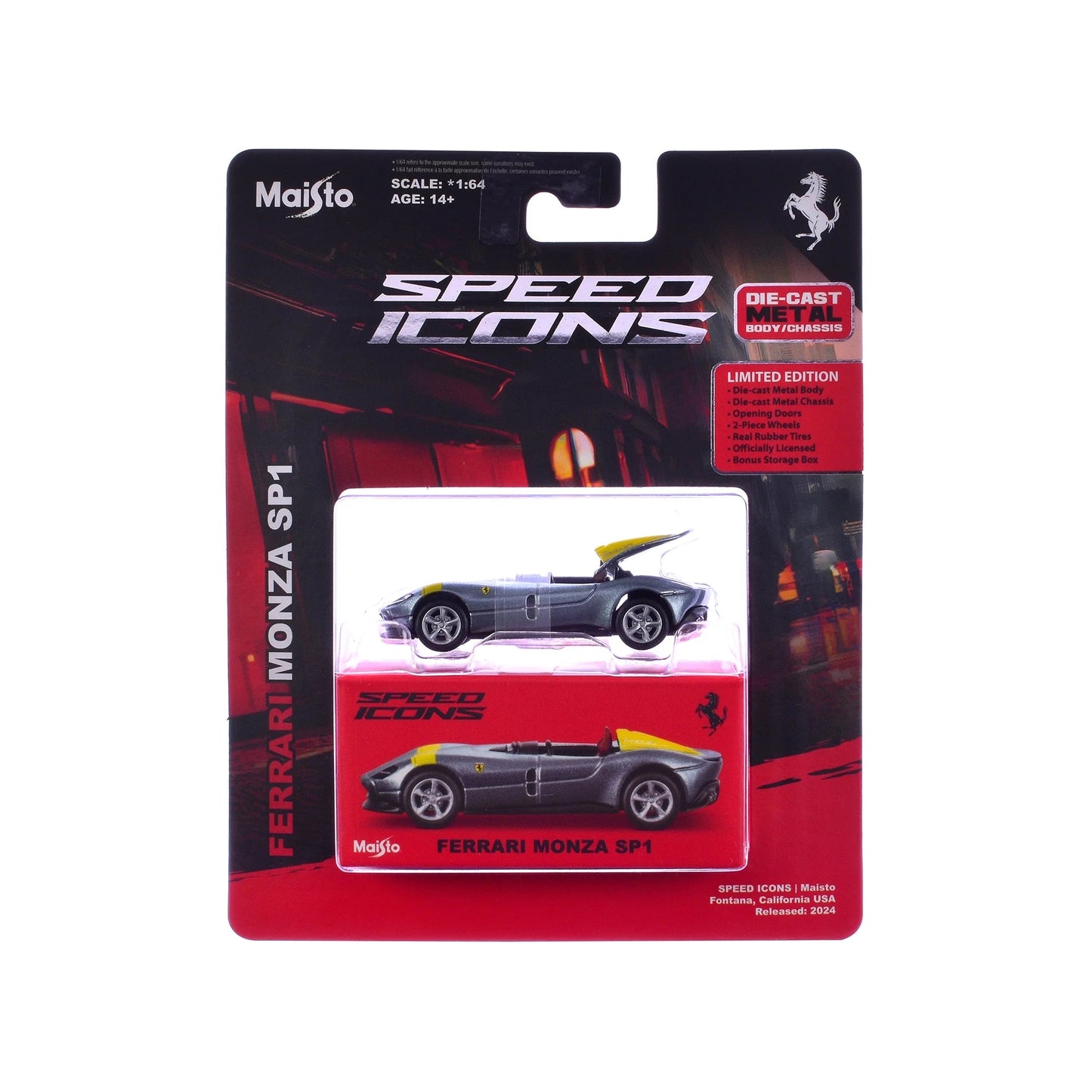 Maisto 1:64 Ferrari Monza SP1 – Silver Metallic with Yellow Stripes | Speed Icons Diecast Model