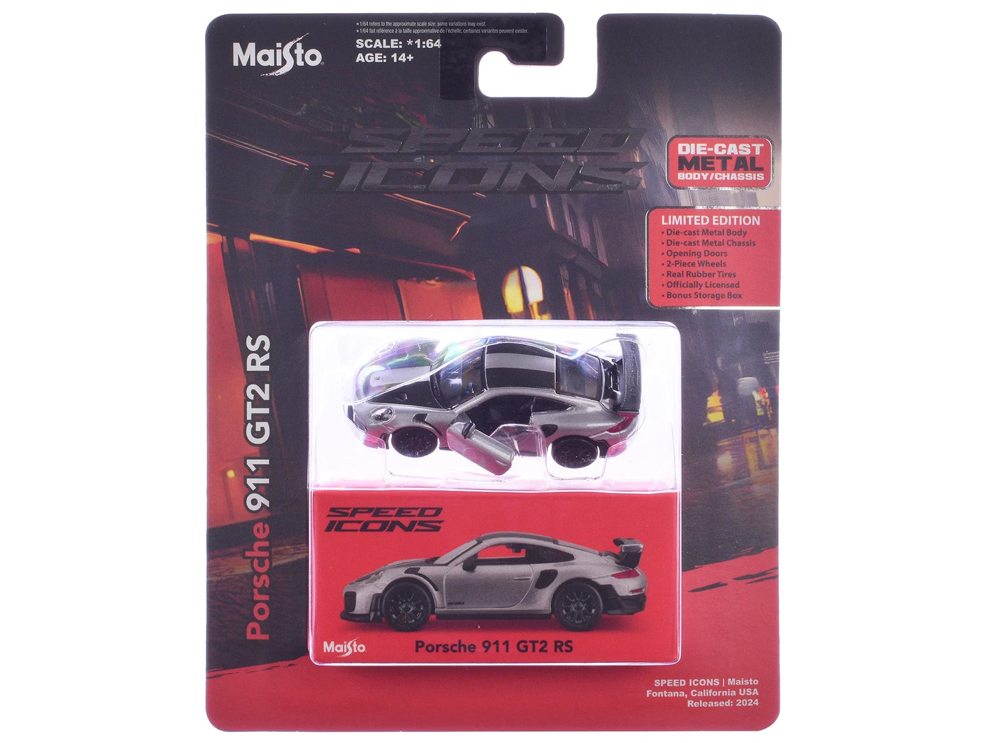 Porsche 911 GT2 RS – Silver Metallic w/ Carbon Stripes | Speed Icons Series 1:64 Diecast Model