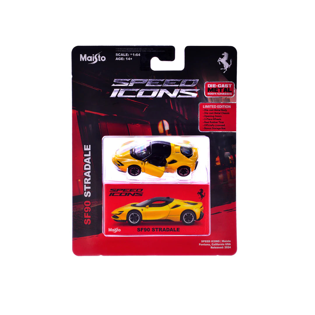 Maisto Ferrari SF90 Stradale Yellow – 1:64 Speed Icons Series | Licensed Die‑Cast Supercar Model
