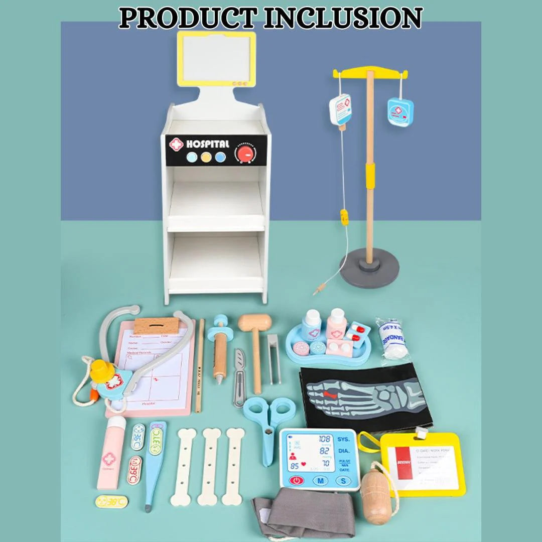 Wooden Kids Doctor Role Play Set with Hospital Cart, X-Ray Screen, Stethoscope, Thermometer & Medical Accessories