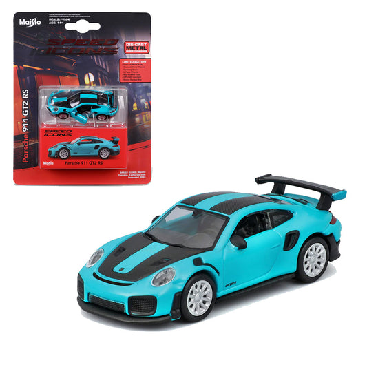 Maisto Porsche 911 GT2 RS Blue w/ Carbon Stripes – 1:64 Scale Speed Icons | Licensed Die‑Cast Supercar Model