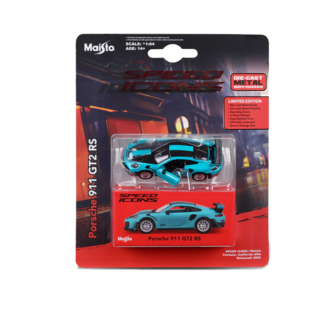 Maisto Porsche 911 GT2 RS Blue w/ Carbon Stripes – 1:64 Scale Speed Icons | Licensed Die‑Cast Supercar Model