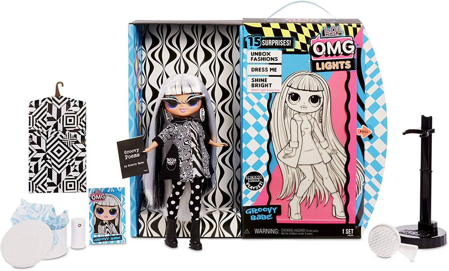 LOL Surprise OMG Lights Groovy Babe Fashion Doll with 15 Surprises Accessories Set | Includes Fashion Doll and Magic Black Light Surprises| Great Gift for Girls | Collectible