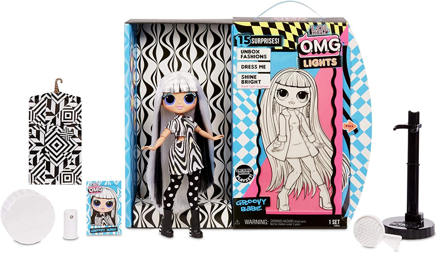 LOL Surprise OMG Lights Groovy Babe Fashion Doll with 15 Surprises Accessories Set | Includes Fashion Doll and Magic Black Light Surprises| Great Gift for Girls | Collectible