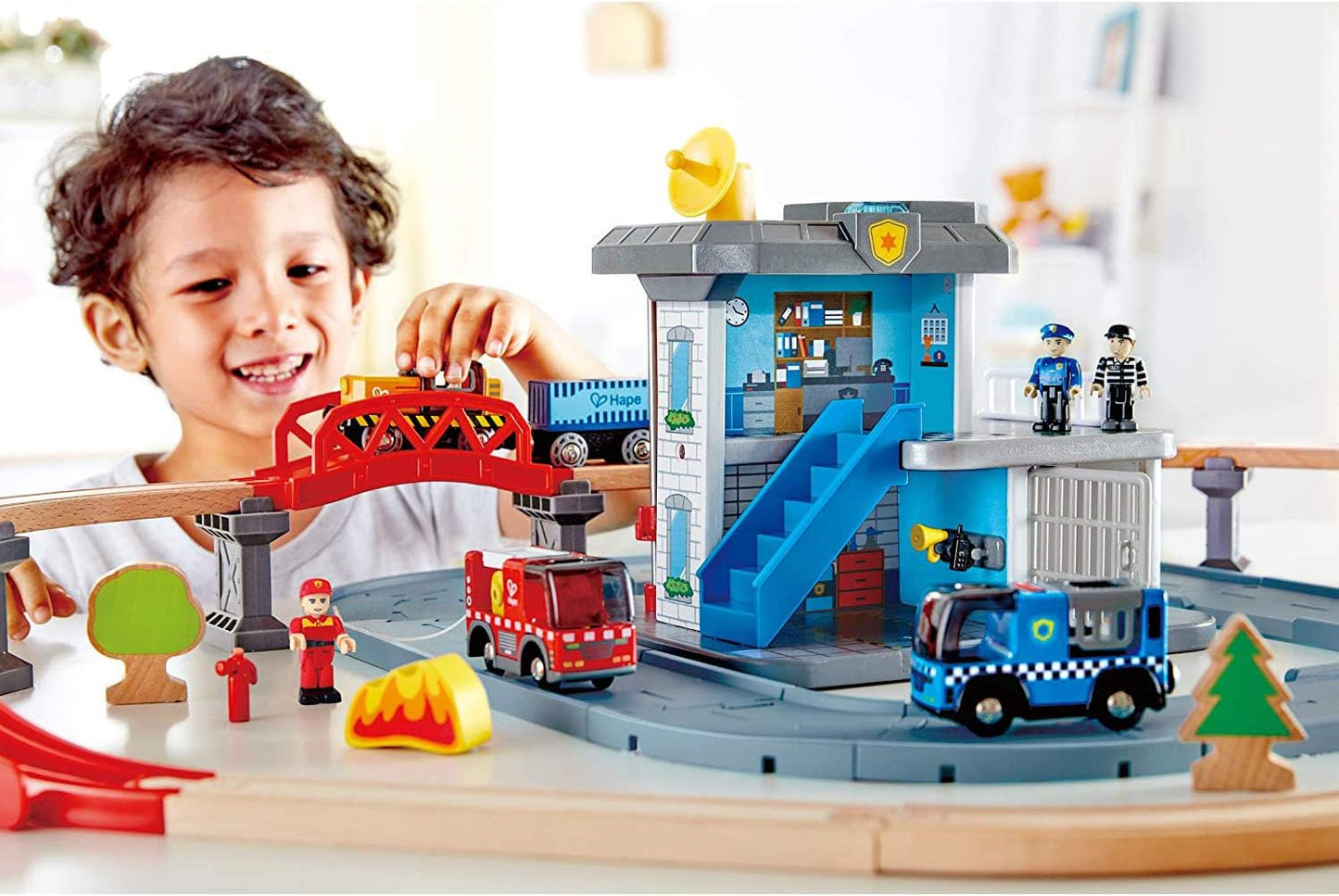 Hape Emergency Services HQ | 2-in-1 Police and Fire Station Complete Play Set