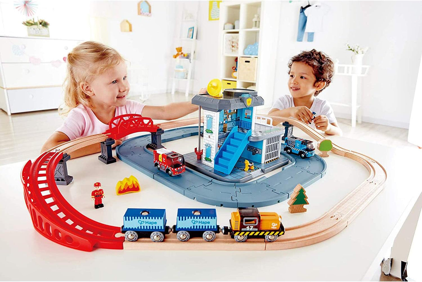 Hape Emergency Services HQ | 2-in-1 Police and Fire Station Complete Play Set