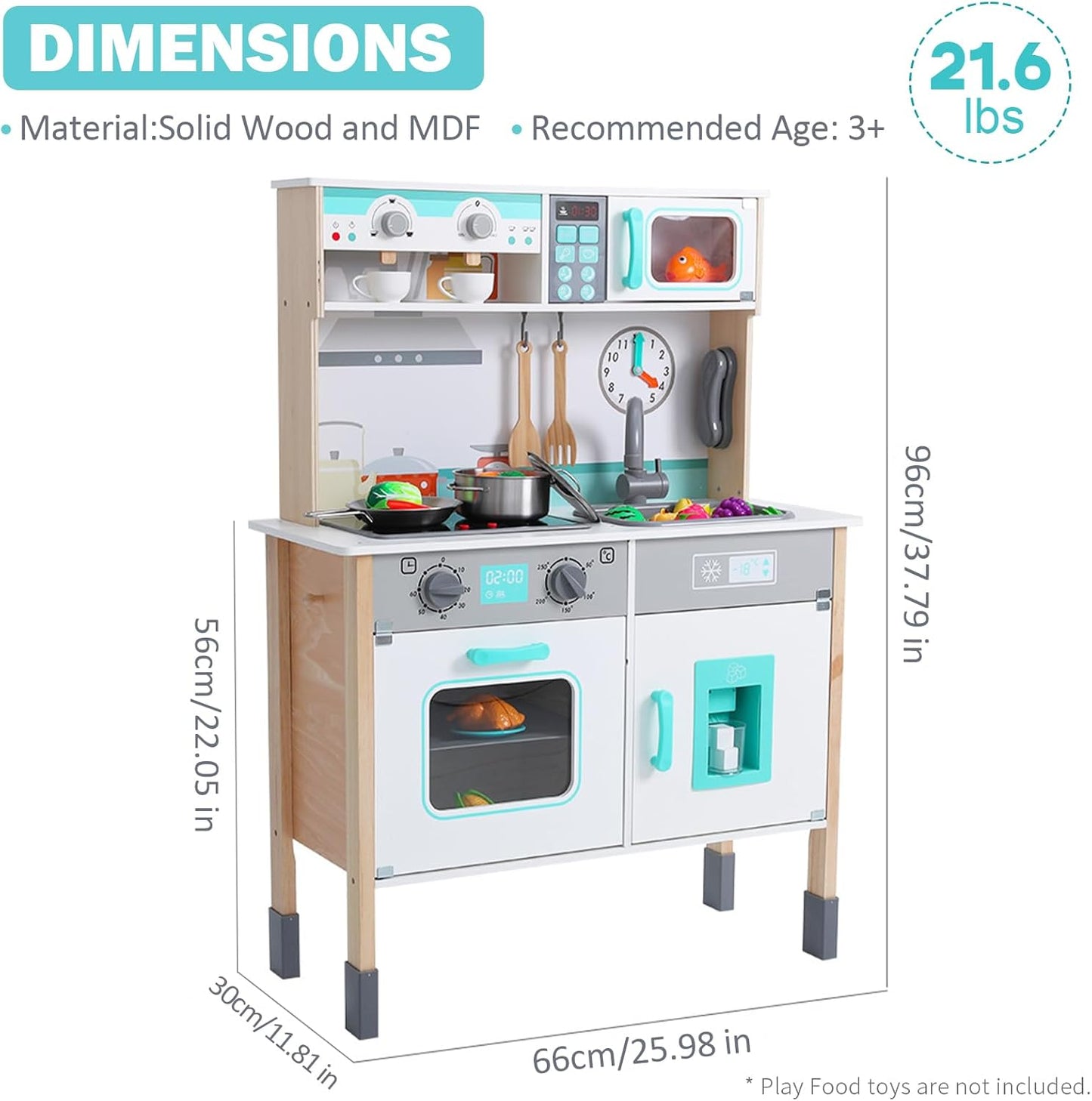 Wooden Play Kitchen Set for Toddlers, Chef Pretend Kitchen Playset for Kids with Pretend Ice Cube Dispenser, Oven, Coffee Machine, Stove, Faucet, Sink