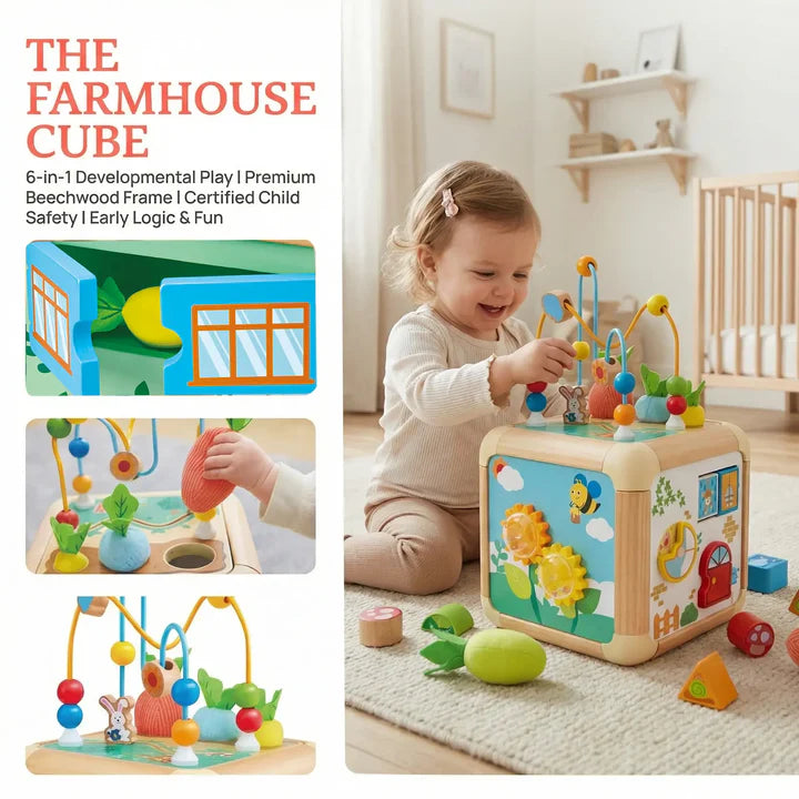 Hape Green Thumbs Wooden Activity Cube 6-in-1 Learning Toy with Bead Maze, Shape Sorter & Sensory Play for Toddlers