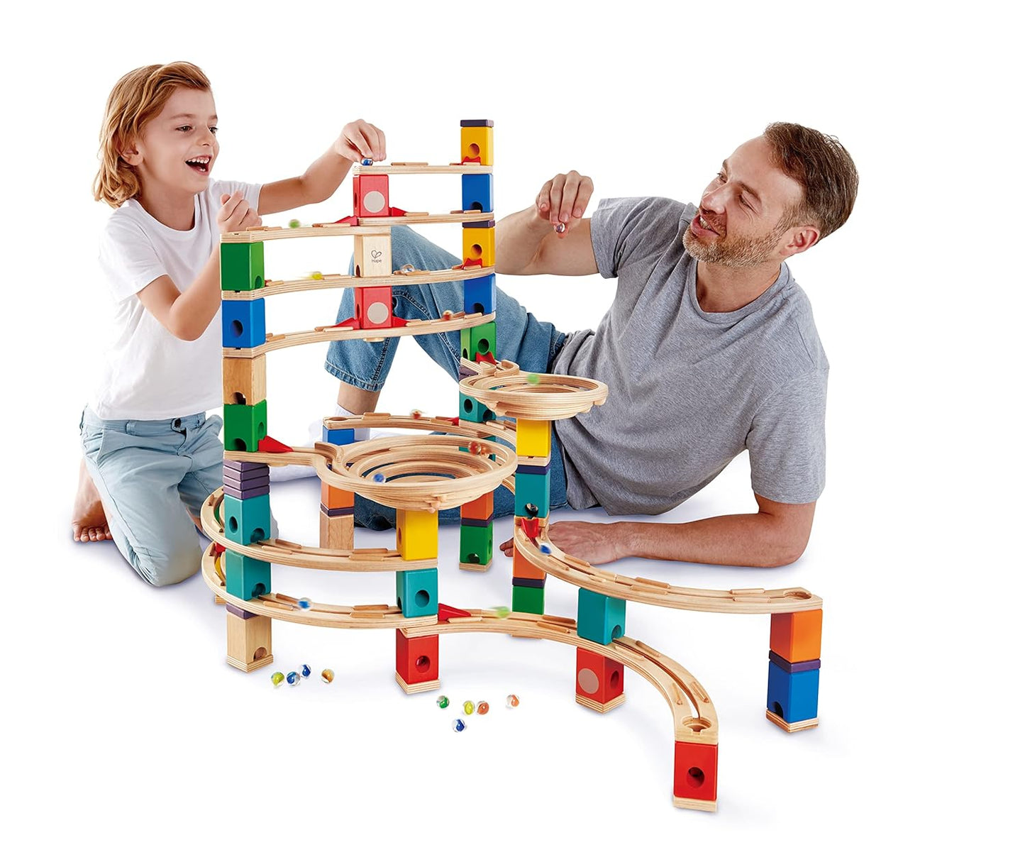 Hape Quadrilla Marble Run Wooden Construction Set with Colorful Blocks & Spiral Tracks for Creative Building Play
