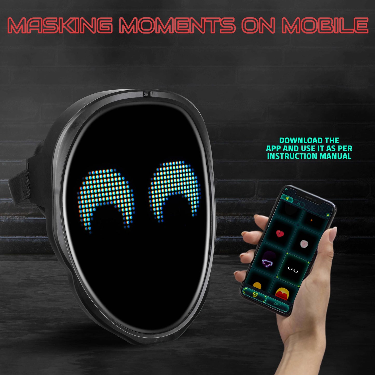 Hookaba: Enigma Eyes-App Controlled-Unisex Adult LED Mask for Halloween, Birthday Party,Wedding Party, DJ night, Live Concert,Stage Performance