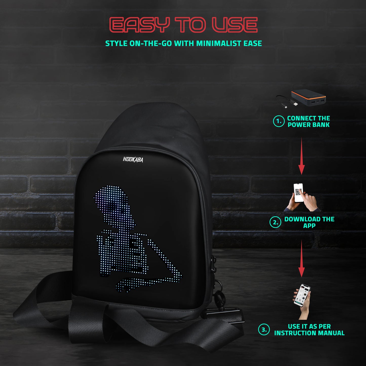 HOOKABA LED SLING BAG , | Smart Pixel Display Bag | App Controlled, USB charge, Programmable Screen & Water Resistant