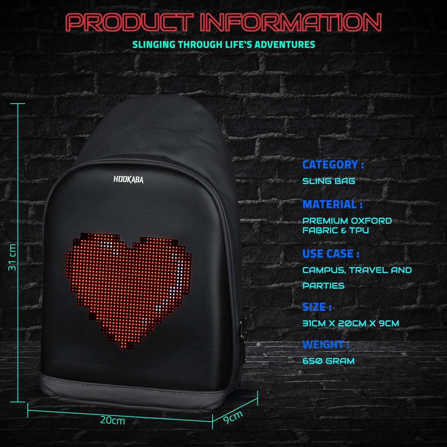HOOKABA LED SLING BAG , | Smart Pixel Display Bag | App Controlled, USB charge, Programmable Screen & Water Resistant