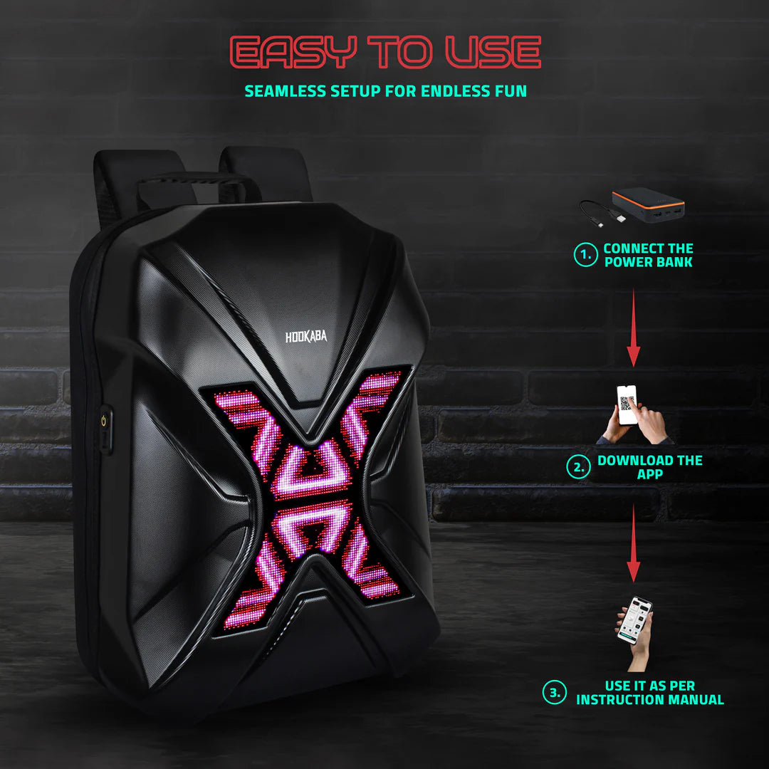Hookaba XROSS RAGE BACKPACK , | Smart Pixel Display Bag | App Controlled, USB charge, Programmable Screen & Water Resistant